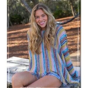 Natural Life Santa Fe Striped Fringe Poncho Sweater Sz S/M Boho Indie Festival
